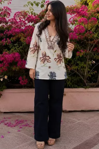 Women floral printed flared sleeves mirror work floral kurta