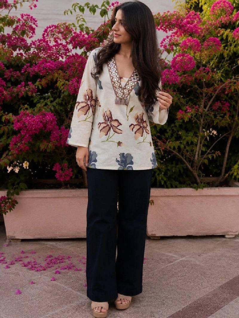 Women floral printed flared sleeves mirror work floral kurta