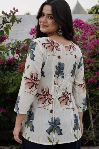 Women floral printed flared sleeves mirror work floral kurta