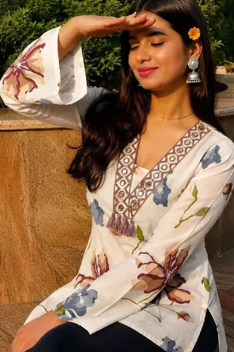 Women floral printed flared sleeves mirror work floral kurta