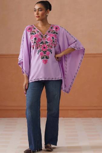 Women floral embroidered thread work floral kaftan kurta