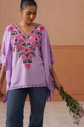 Women floral embroidered thread work floral kaftan kurta