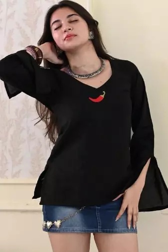 Women embellished flared sleeves thread work handloom kurta