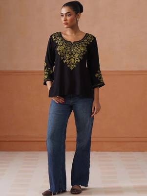 Women ethnic motifs embroidered flared sleeves thread work kurta 1