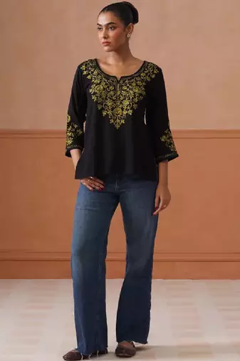 Women ethnic motifs embroidered flared sleeves thread work kurta