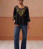 Women ethnic motifs embroidered flared sleeves thread work kurta