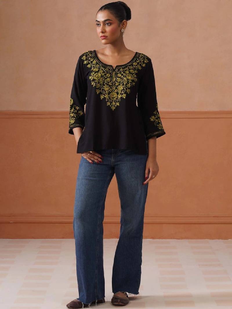 Women ethnic motifs embroidered flared sleeves thread work kurta