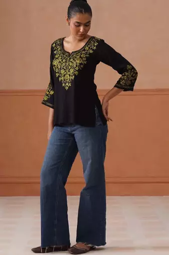 Women ethnic motifs embroidered flared sleeves thread work kurta