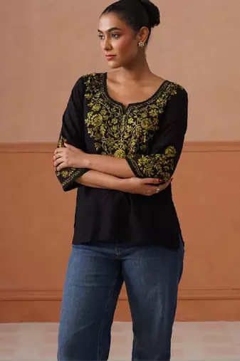 Women ethnic motifs embroidered flared sleeves thread work kurta