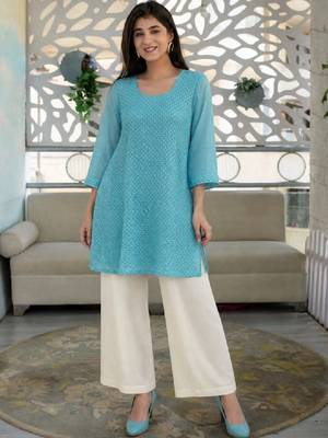 Women ethnic motifs embroidered thread work georgette kurta 1