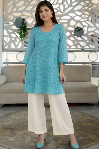Women ethnic motifs embroidered thread work georgette kurta
