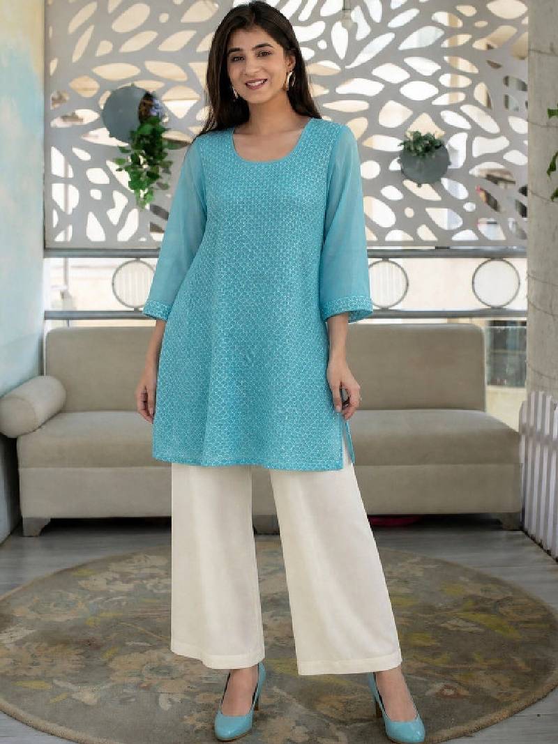 Women ethnic motifs embroidered thread work georgette kurta