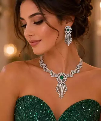 Emerald Green Crystal Bridal Jewelry Set: Silver Necklace, Chandelier Earrings 1