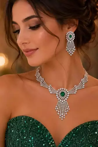Emerald Green Crystal Bridal Jewelry Set: Silver Necklace, Chandelier Earrings