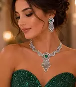 Emerald Green Crystal Bridal Jewelry Set: Silver Necklace, Chandelier Earrings