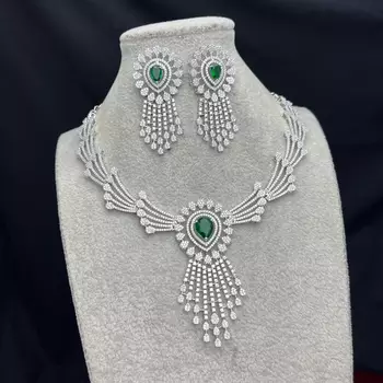 Emerald Green Crystal Bridal Jewelry Set: Silver Necklace, Chandelier Earrings 2