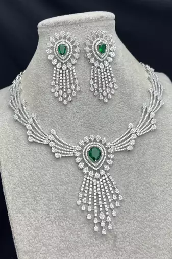 Emerald Green Crystal Bridal Jewelry Set: Silver Necklace, Chandelier Earrings