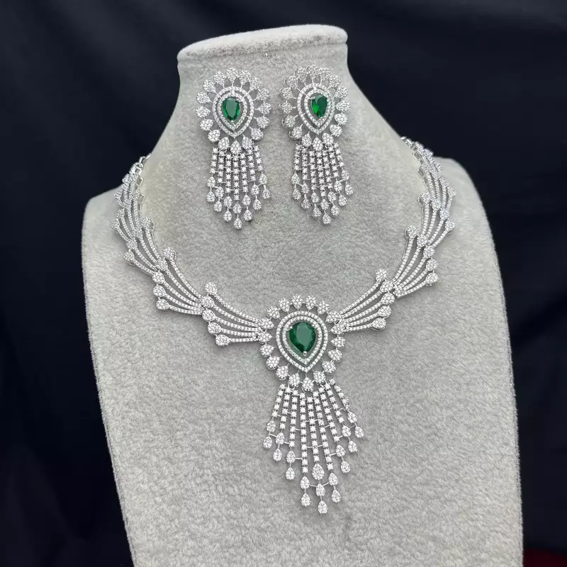 Emerald Green Crystal Bridal Jewelry Set: Silver Necklace, Chandelier Earrings