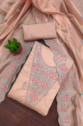 Peach chanderi embroidered unstitched dressmaterials 3 pair top bottom dupptaa