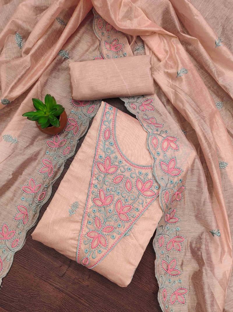 Peach chanderi embroidered unstitched dressmaterials 3 pair top bottom dupptaa