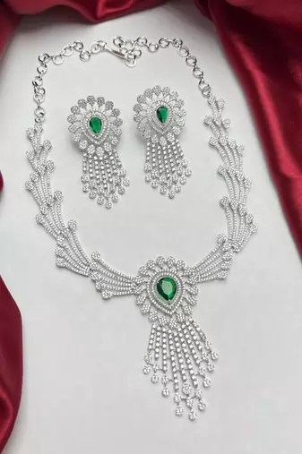 Emerald Green Crystal Bridal Jewelry Set: Silver Necklace, Chandelier Earrings