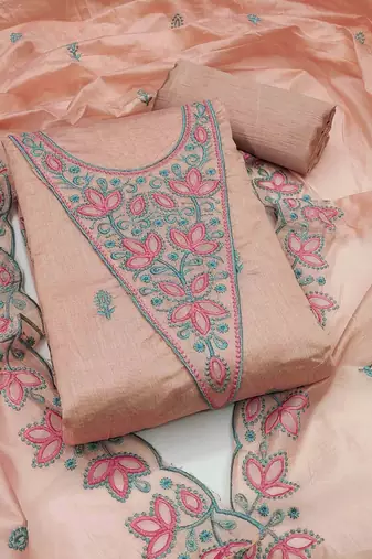 Peach chanderi embroidered unstitched dressmaterials 3 pair top bottom dupptaa