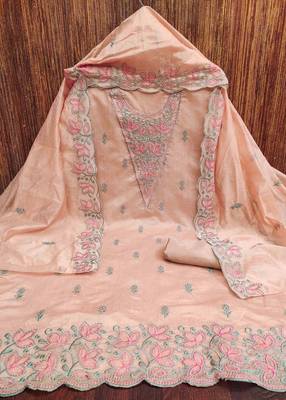 Peach chanderi embroidered unstitched dressmaterials 3 pair top bottom dupptaa 3