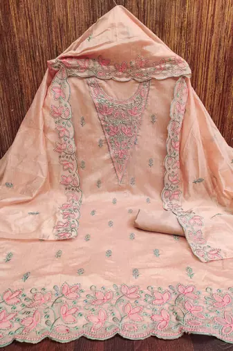 Peach chanderi embroidered unstitched dressmaterials 3 pair top bottom dupptaa