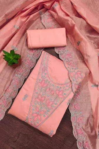 Pink chanderi embroidered unstitched dressmaterials 3 pair top bottom dupptaa