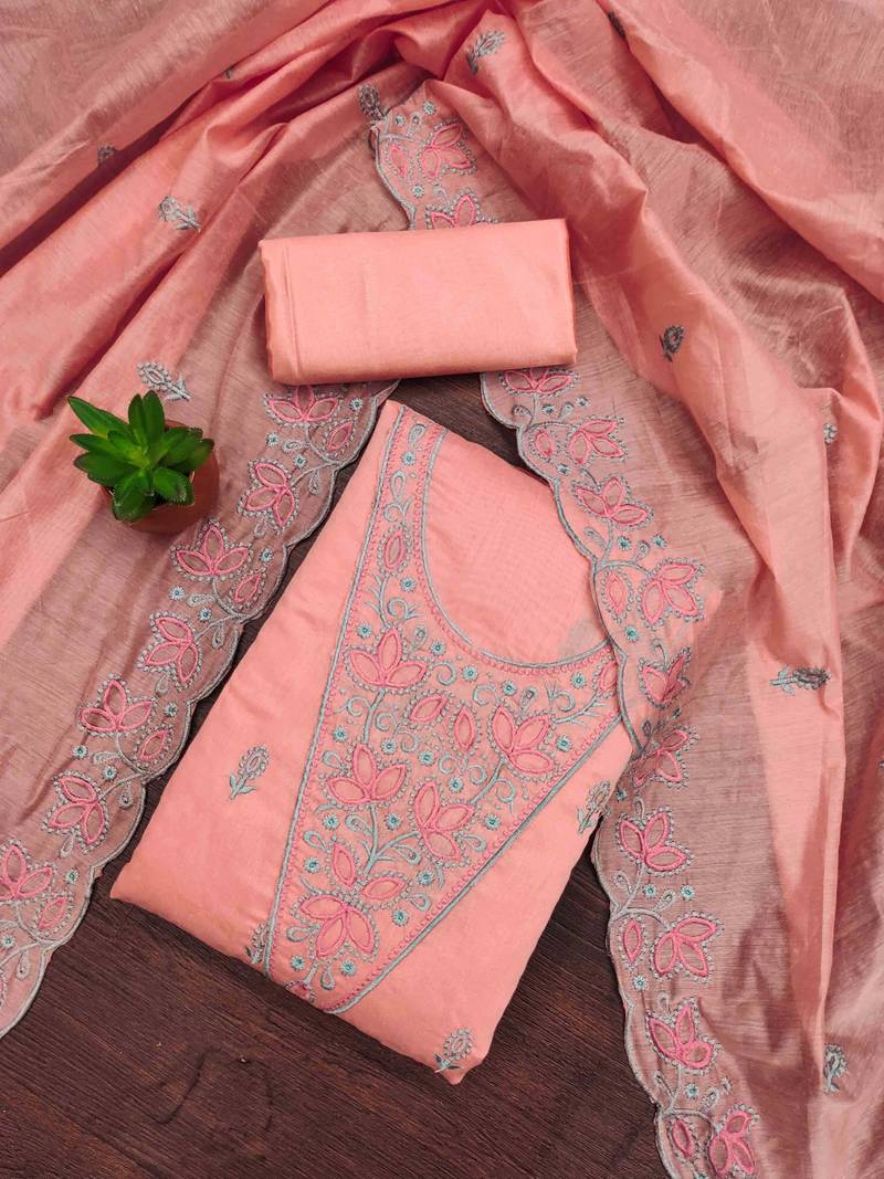 Pink chanderi embroidered unstitched dressmaterials 3 pair top bottom dupptaa