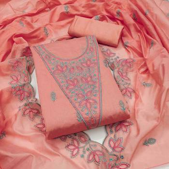 Pink chanderi embroidered unstitched dressmaterials 3 pair top bottom dupptaa 2