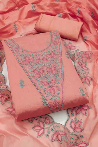 Pink chanderi embroidered unstitched dressmaterials 3 pair top bottom dupptaa