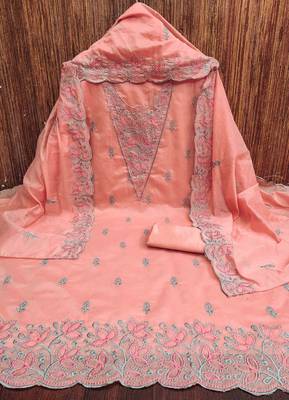 Pink chanderi embroidered unstitched dressmaterials 3 pair top bottom dupptaa 3