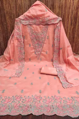 Pink chanderi embroidered unstitched dressmaterials 3 pair top bottom dupptaa