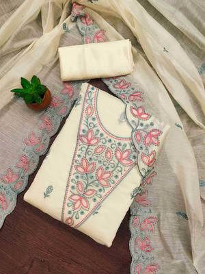 White chanderi embroidered unstitched dressmaterials 3 pair top bottom dupptaa 1