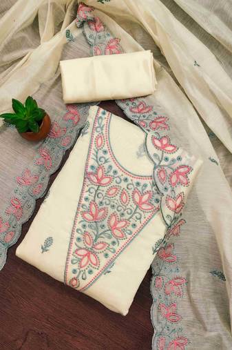 White chanderi embroidered unstitched dressmaterials 3 pair top bottom dupptaa