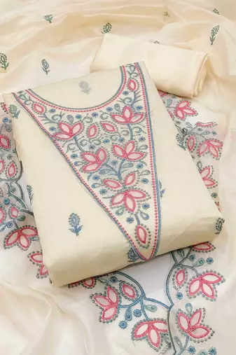 White chanderi embroidered unstitched dressmaterials 3 pair top bottom dupptaa