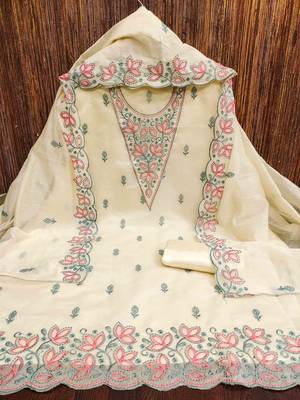 White chanderi embroidered unstitched dressmaterials 3 pair top bottom dupptaa 3