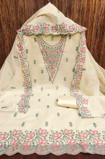 White chanderi embroidered unstitched dressmaterials 3 pair top bottom dupptaa