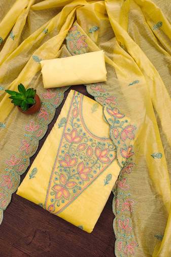 Yellow chanderi embroidered unstitched dressmaterials 3 pair top bottom dupptaa