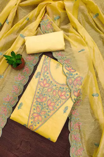 Yellow chanderi embroidered unstitched dressmaterials 3 pair top bottom dupptaa