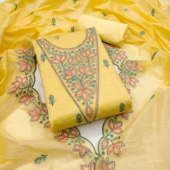 Yellow chanderi embroidered unstitched dressmaterials 3 pair top bottom dupptaa 2