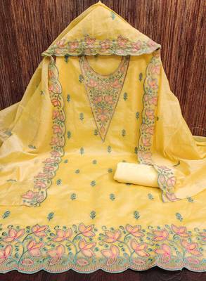 Yellow chanderi embroidered unstitched dressmaterials 3 pair top bottom dupptaa 3