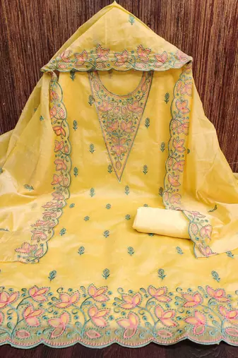 Yellow chanderi embroidered unstitched dressmaterials 3 pair top bottom dupptaa