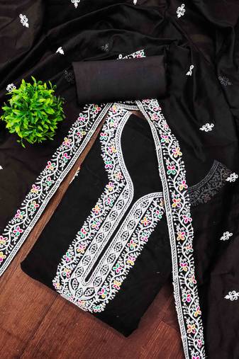 Black chanderi embroidered unstitched dressmaterials 3 pair top bottom dupptaa