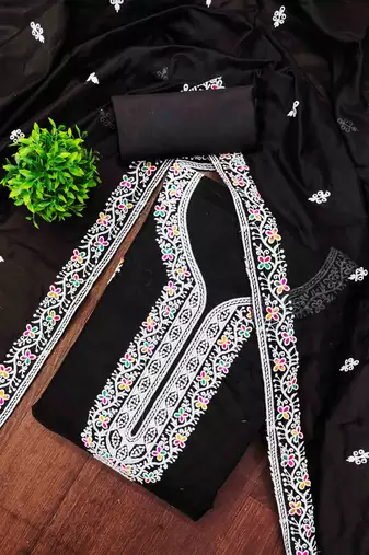 Black chanderi embroidered unstitched dressmaterials 3 pair top bottom dupptaa