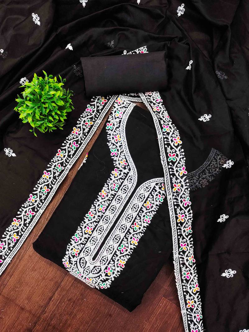 Black chanderi embroidered unstitched dressmaterials 3 pair top bottom dupptaa