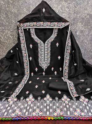 Black chanderi embroidered unstitched dressmaterials 3 pair top bottom dupptaa 2