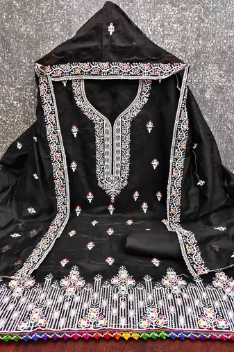 Black chanderi embroidered unstitched dressmaterials 3 pair top bottom dupptaa