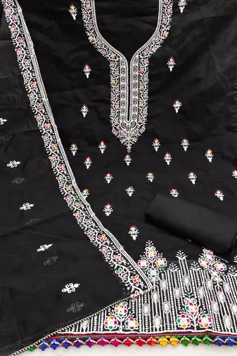 Black chanderi embroidered unstitched dressmaterials 3 pair top bottom dupptaa